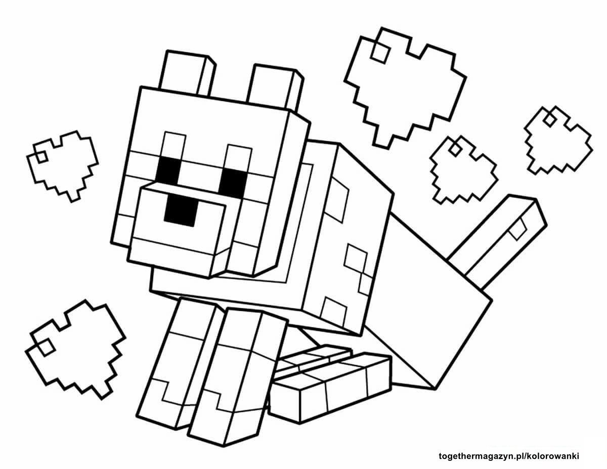 Minecraft - kolorowanka z siedzącym pieskiem z gry Minecraft