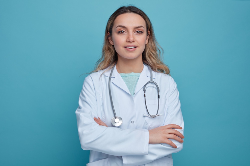 pleased-young-female-doctor-wearing-medical-robe-stethoscope-around-neck-standing-with-closed-posture