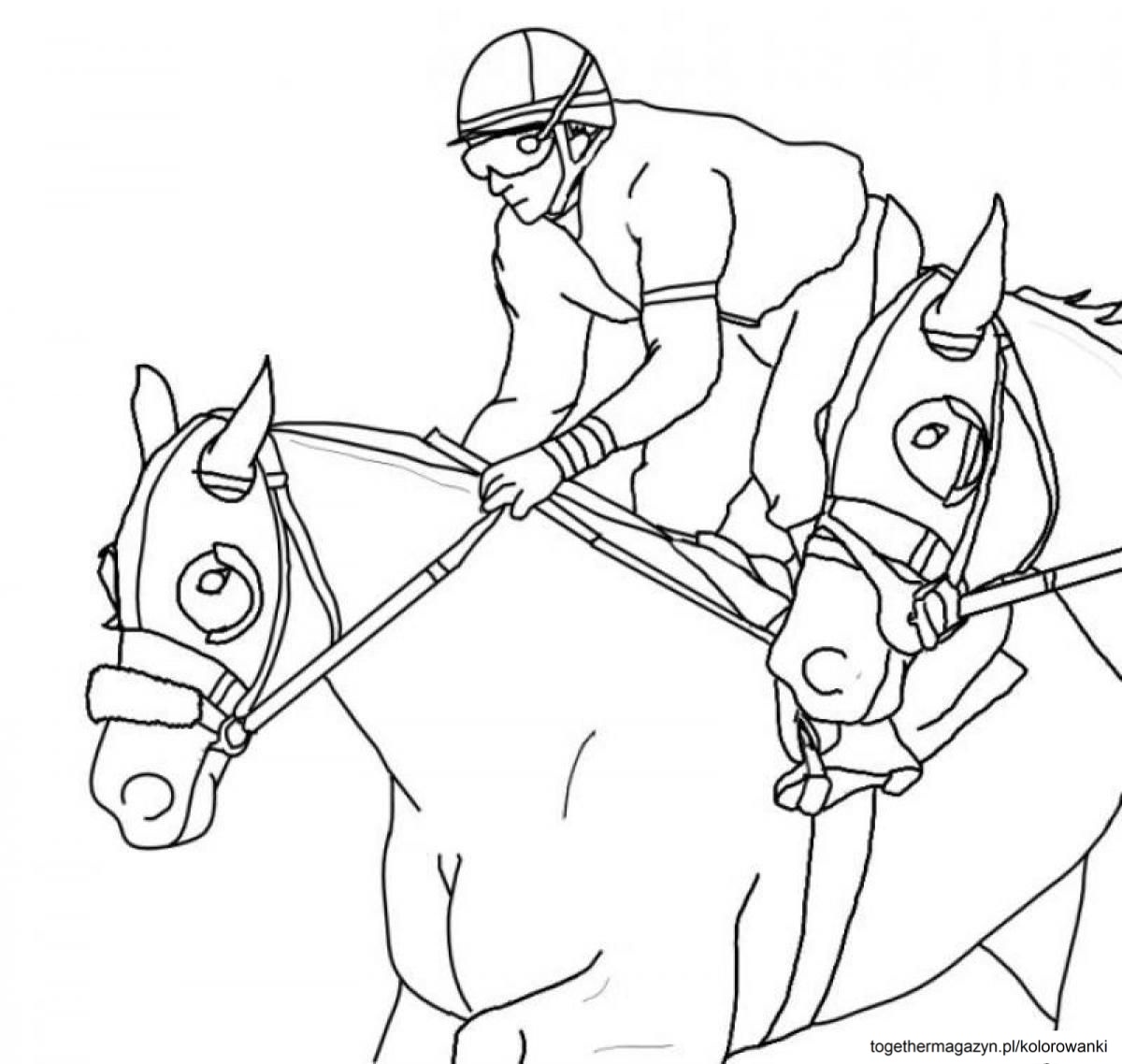 kolorowanki konie z jeźdźcem - pokoloruj jeźdźca na konnym wyścigu