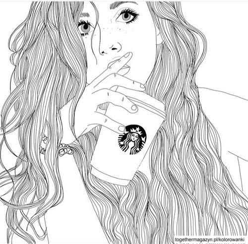 Kolorowanki Dziewczyny Tumblr - pokoloruj dziewczynę z kubkiem ze Starbucks-a