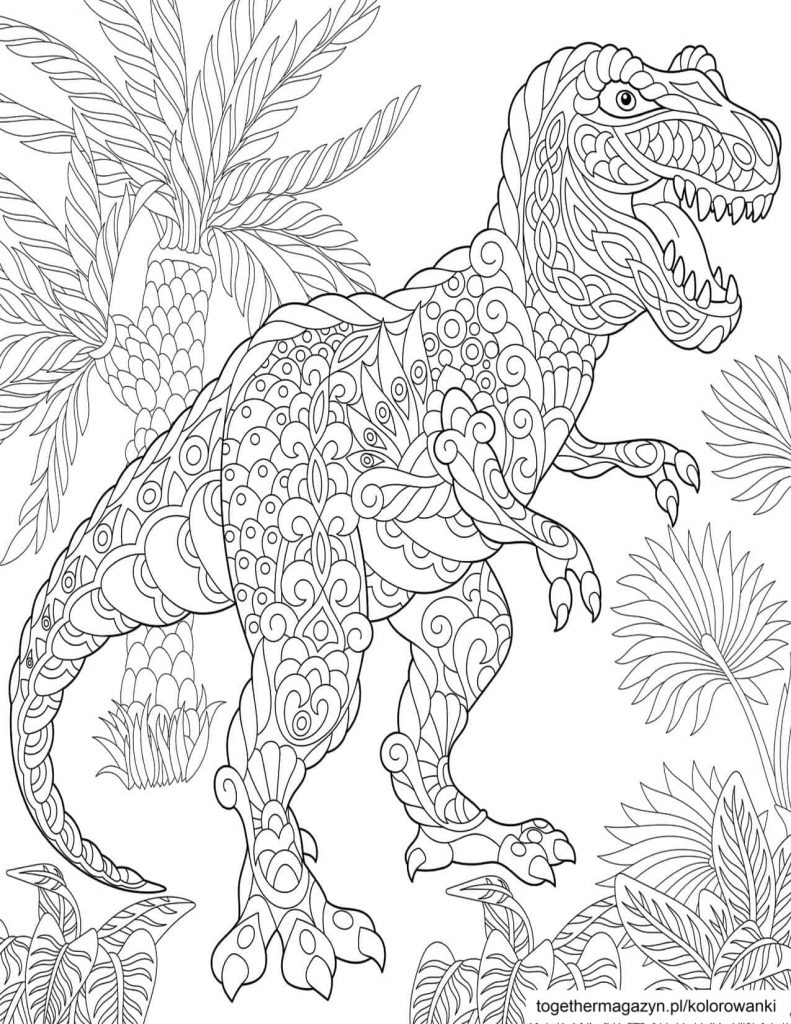 Kolorowanki dinozaury - pobierz i drukuj za darmo mandalę z tyranozaurem