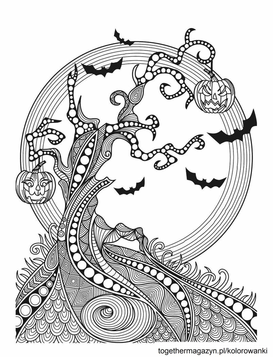 Kolorowanki Halloween - wydrukuj i pokoloruj za darmo drzewo z nietoperzami na Halloween!