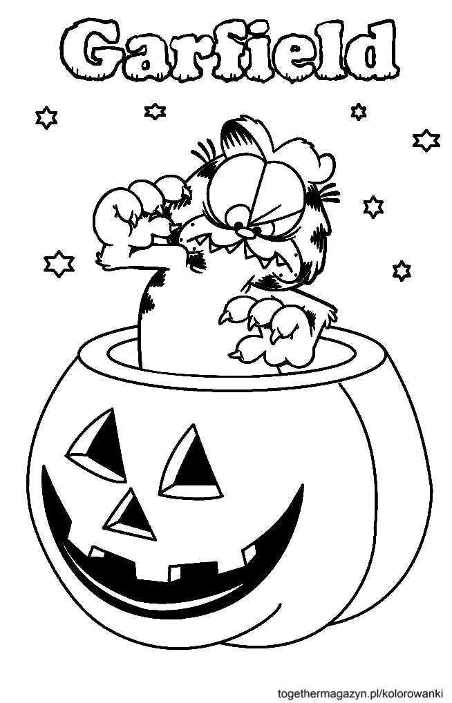 Kolorowanki Halloween - wydrukuj i pokoloruj za darmo Garfielda i dynię na Halloween!