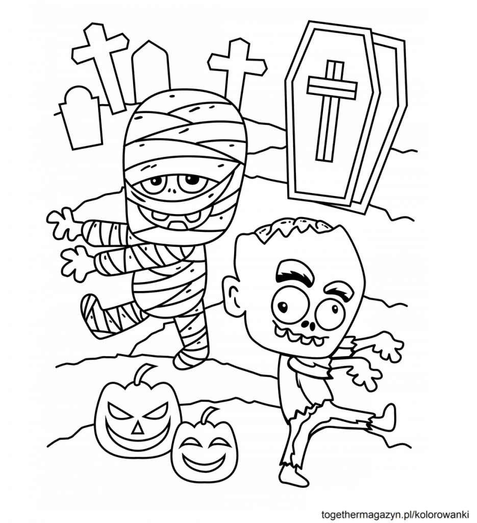 Kolorowanki Halloween - wydrukuj i pokoloruj za darmo śmieszną mumię i zombie!