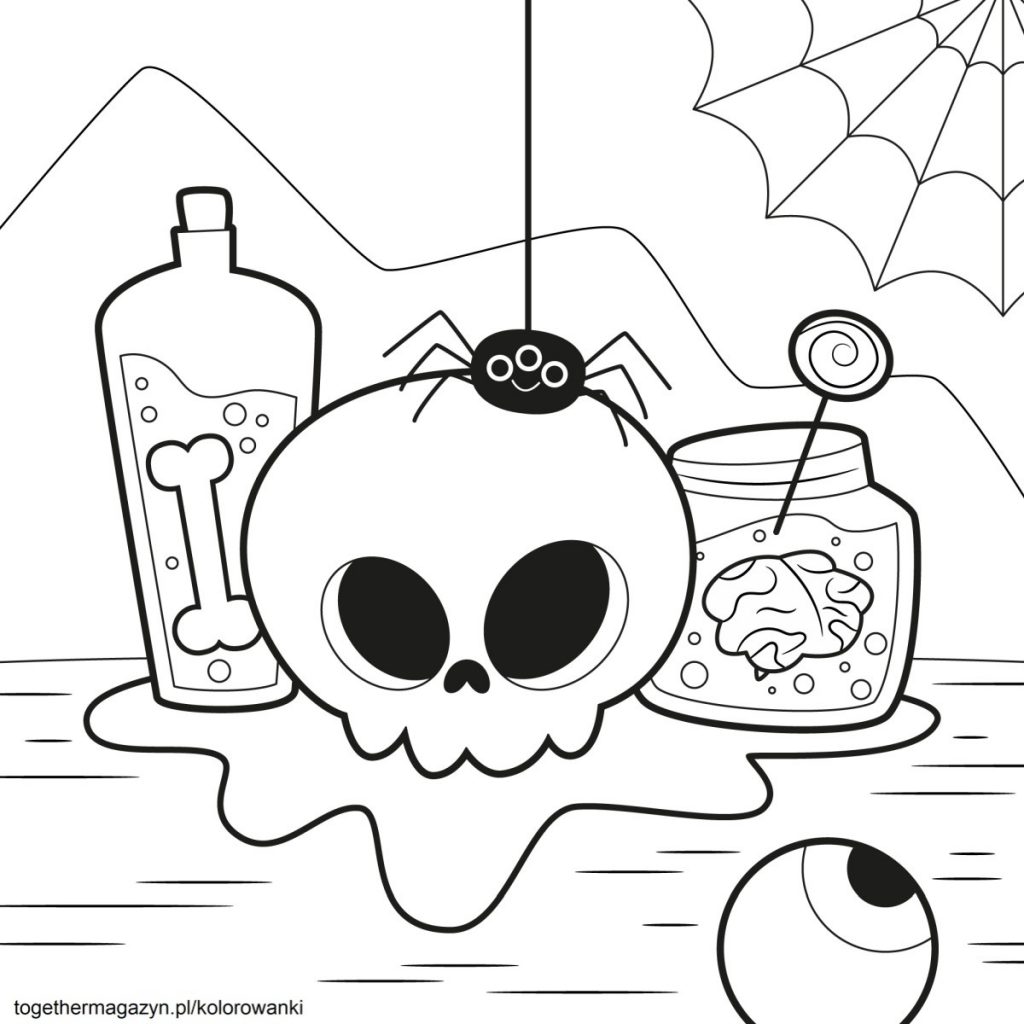 Kolorowanki Halloween - wydrukuj i pokoloruj za darmo czaszkę z pająkiem na Halloween!