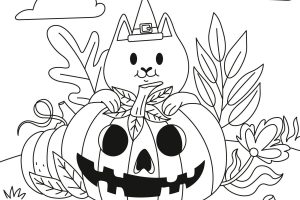 Kolorowanki Halloween - wydrukuj i pokoloruj za darmo kotka za dynią na Halloween!