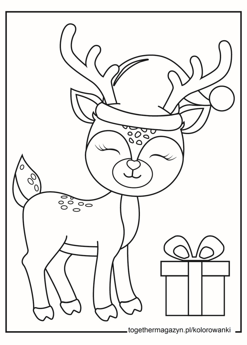 Kolorowanki świąteczne - pobierz za darmo i wydrukuj renifera w czapce i prezent!
