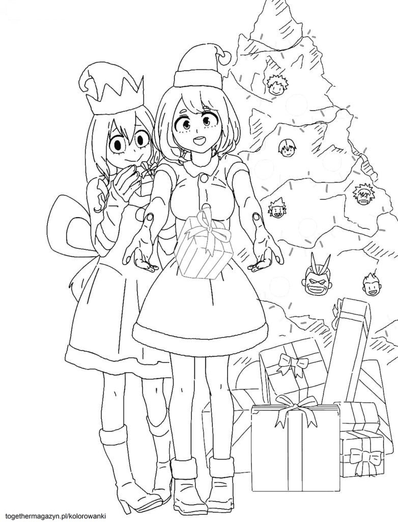 Kolorowanki świąteczne - pobierz za darmo i wydrukuj Anime z choinką i prezentami
