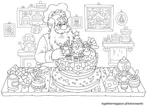 Kolorowanki świąteczne - wydrukuj za darmo i pokoloruj świętego Mikołaja ozdabiającego tort