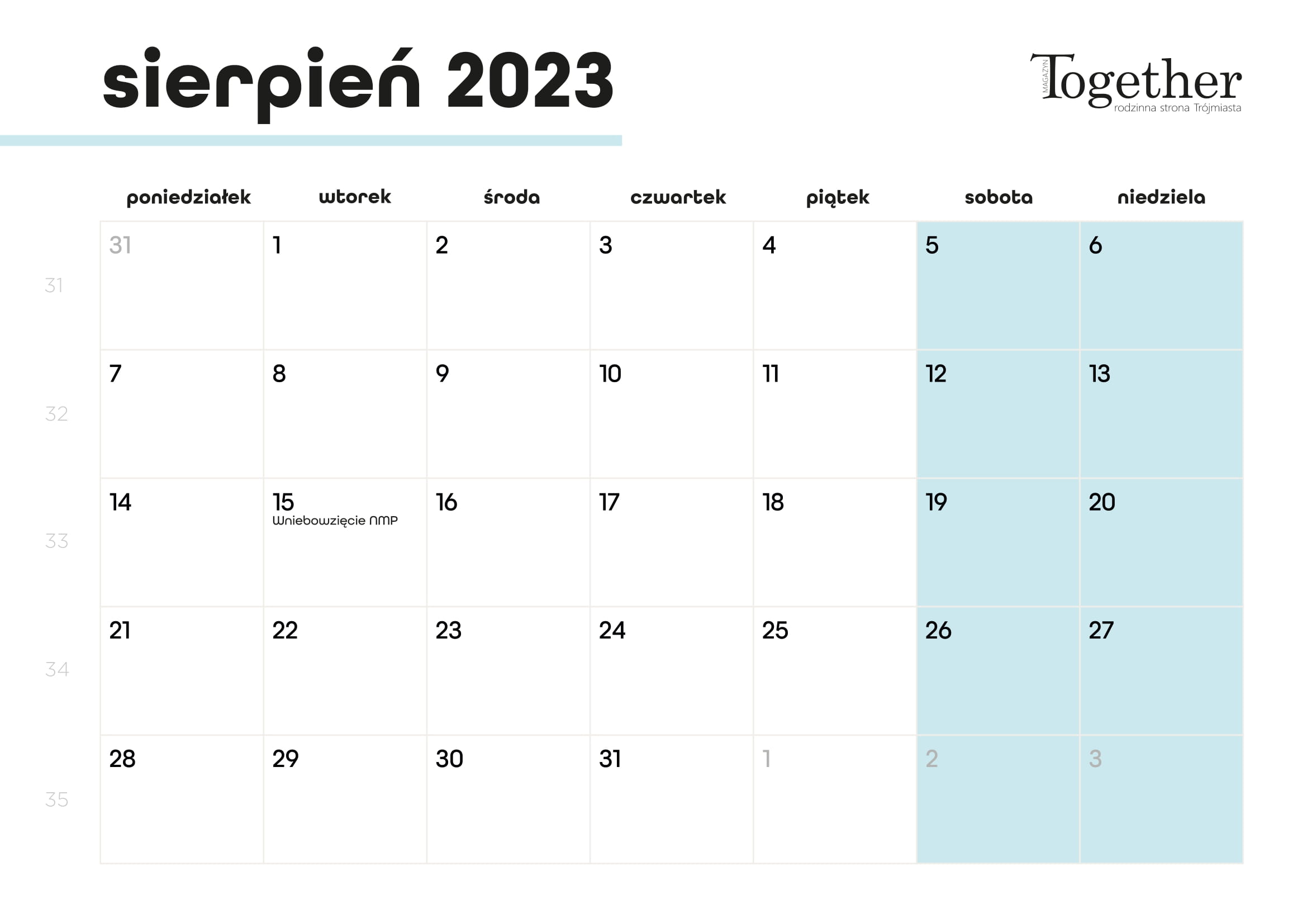 Kalendarz sierpień 2023 - pobierz i wydrukuj za darmo najlepszy kalendarz 2023 sierpień