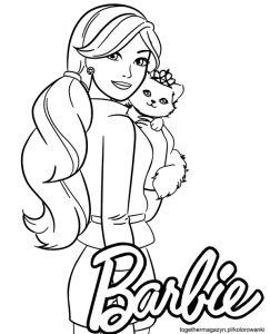 Kolorowanki dla dziewczynek - Barbie z kotkiem na rękach