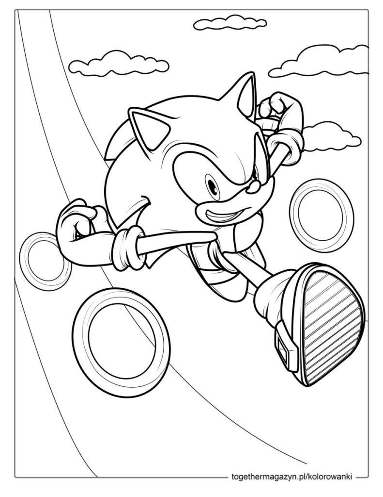 Kolorowanki Sonic - Sonic biegnie przez pierścienie