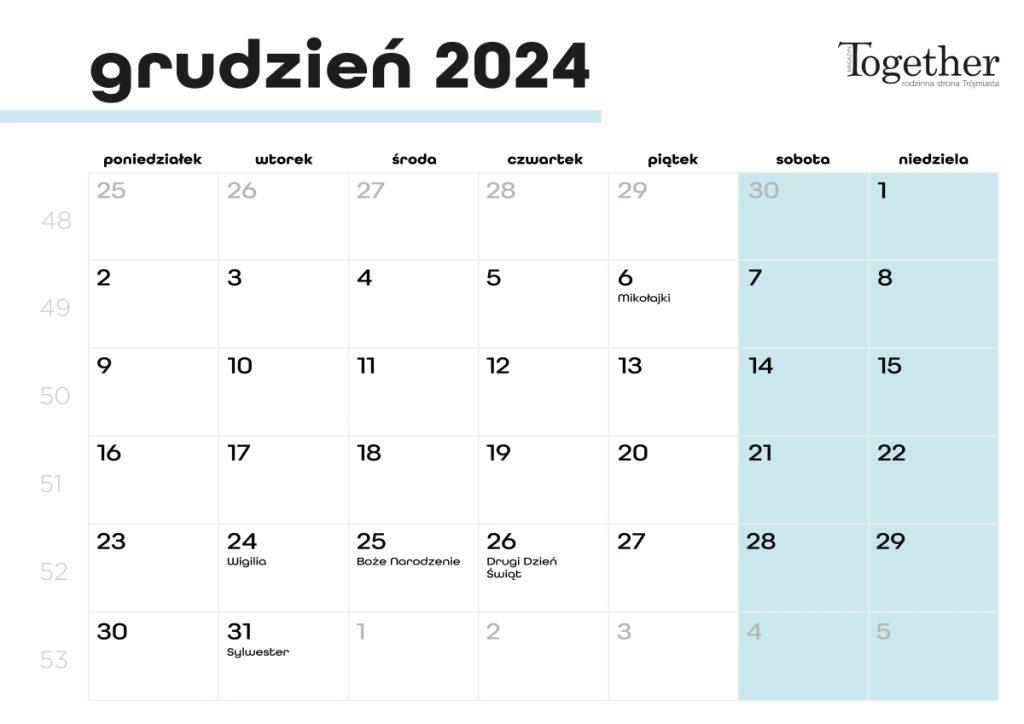 Kalendarz grudzień 2024 - pobierz i wydrukuj za darmo najlepszy kalendarz 2024 grudzień