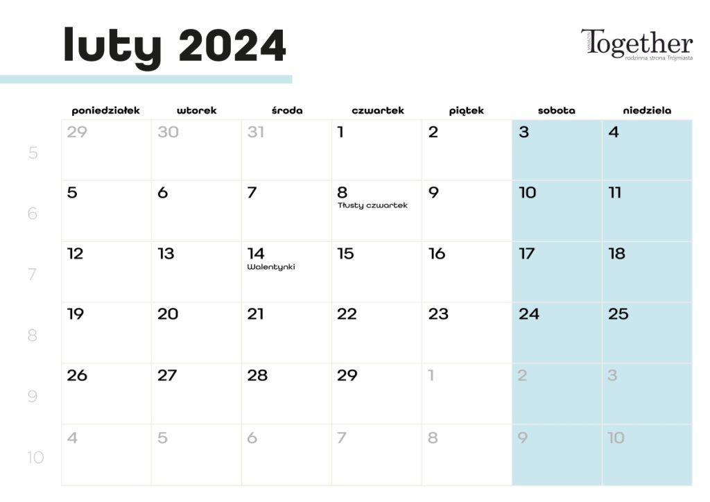 Kalendarz luty 2024 - pobierz i wydrukuj za darmo najlepszy kalendarz 2024 luty