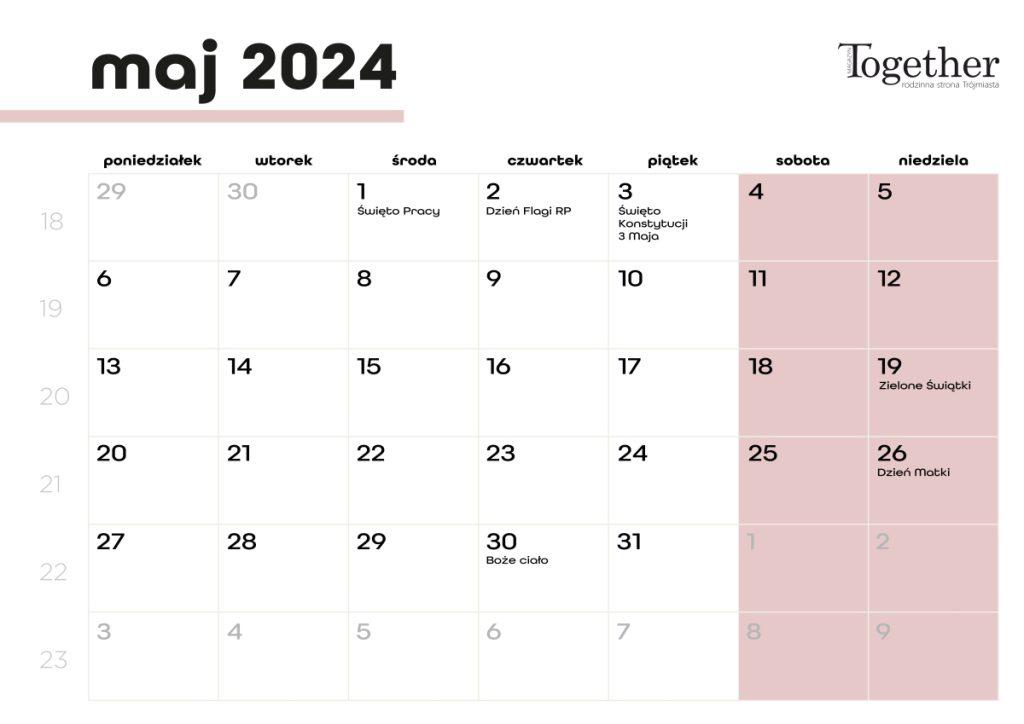 Kalendarz maj 2024 - pobierz i wydrukuj za darmo najlepszy kalendarz 2024 maj