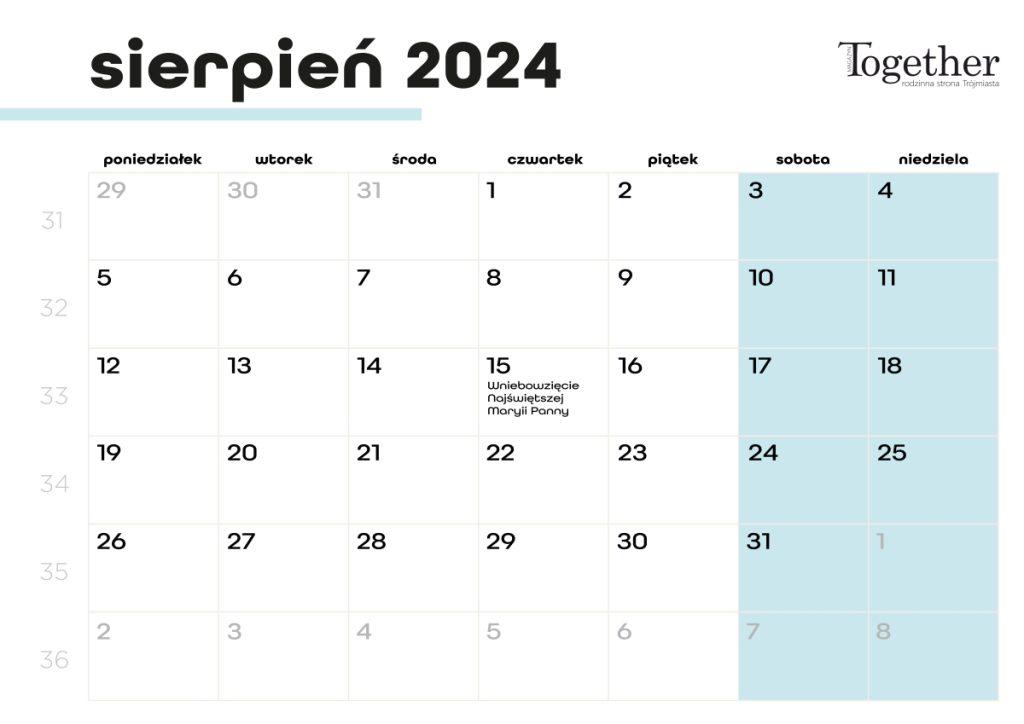 Kalendarz sierpień 2024 - pobierz i wydrukuj za darmo najlepszy kalendarz 2024 sierpień