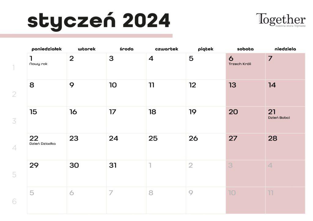Kalendarz styczeń 2024 - pobierz i wydrukuj za darmo najlepszy kalendarz 2024 styczeń
