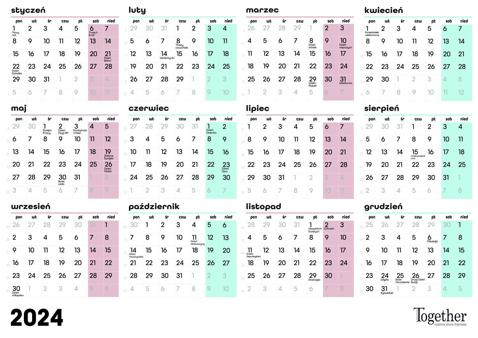 Kalendarz 2024 - pobierz i wydrukuj za darmo najlepszy poziomy kalendarz 2024