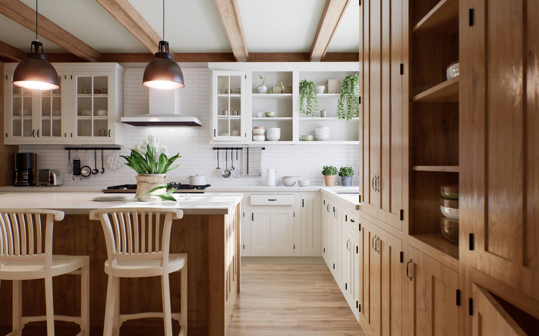 The interior of a large U shaped kitchen with a wooden front and a large island