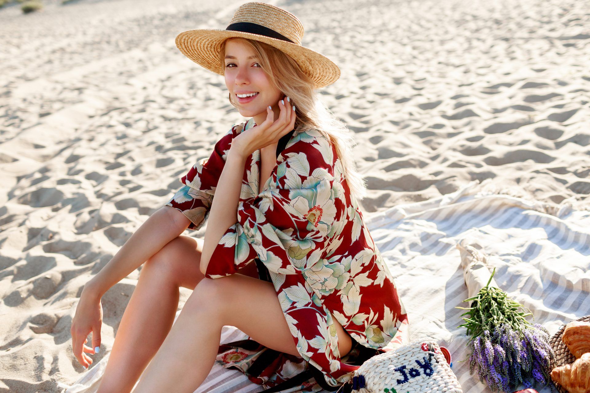 pretty blond woman straw hat sitting tropical beach enjoying holidays near ocean