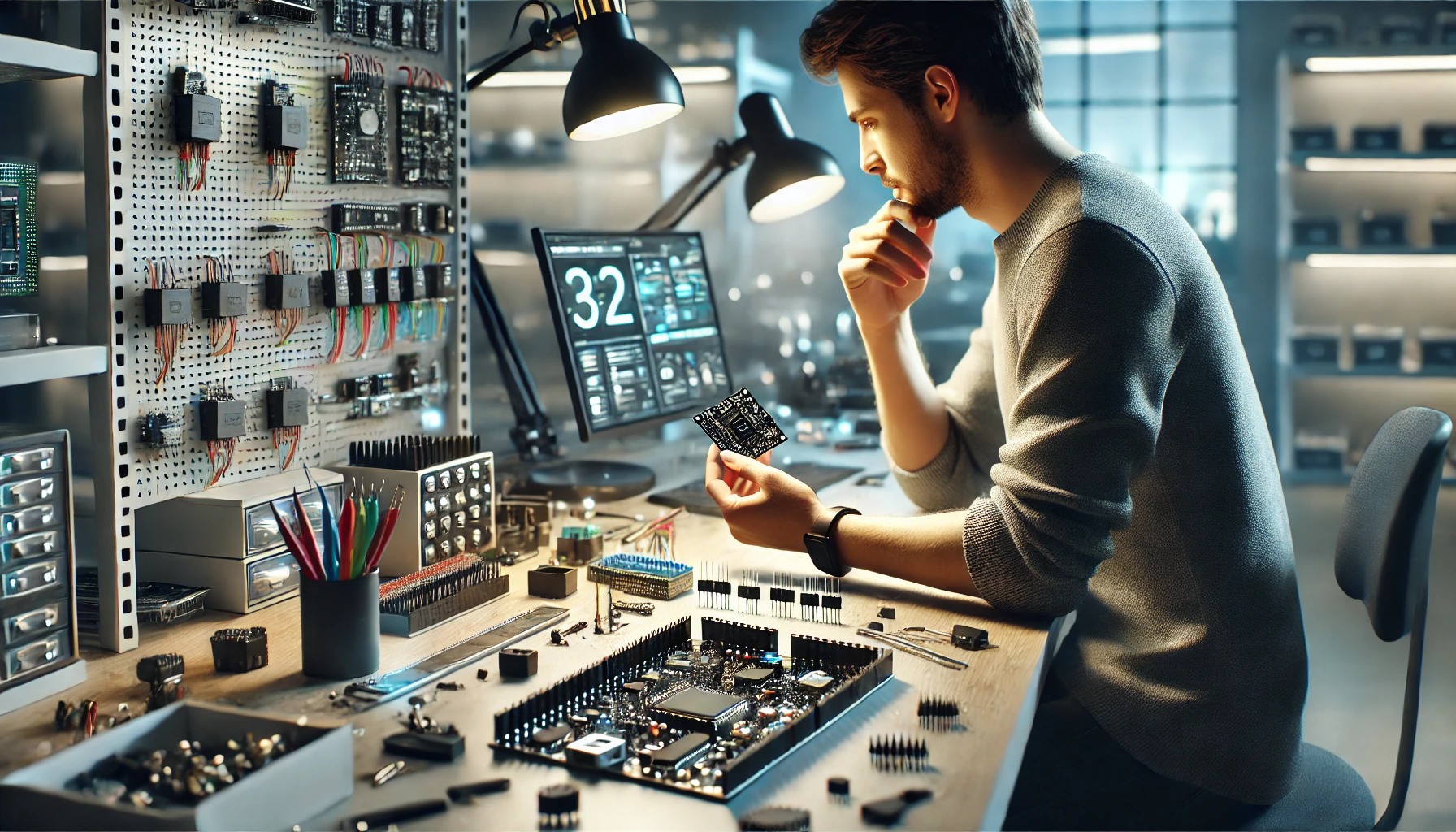 DALL·E 2024 10 25 14.22.23 Photorealistic image of a person in a tech lab closely examining electronic components on a workbench while holding a microcontroller. The lab is mod