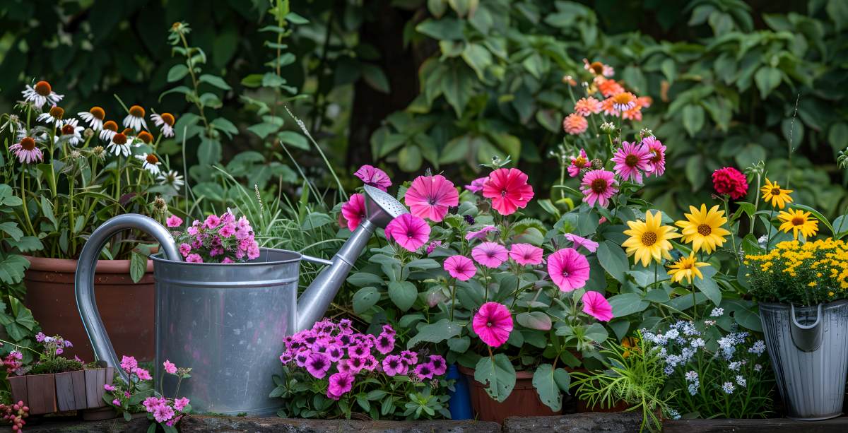 bucket flowers with watering can it that has watering can it