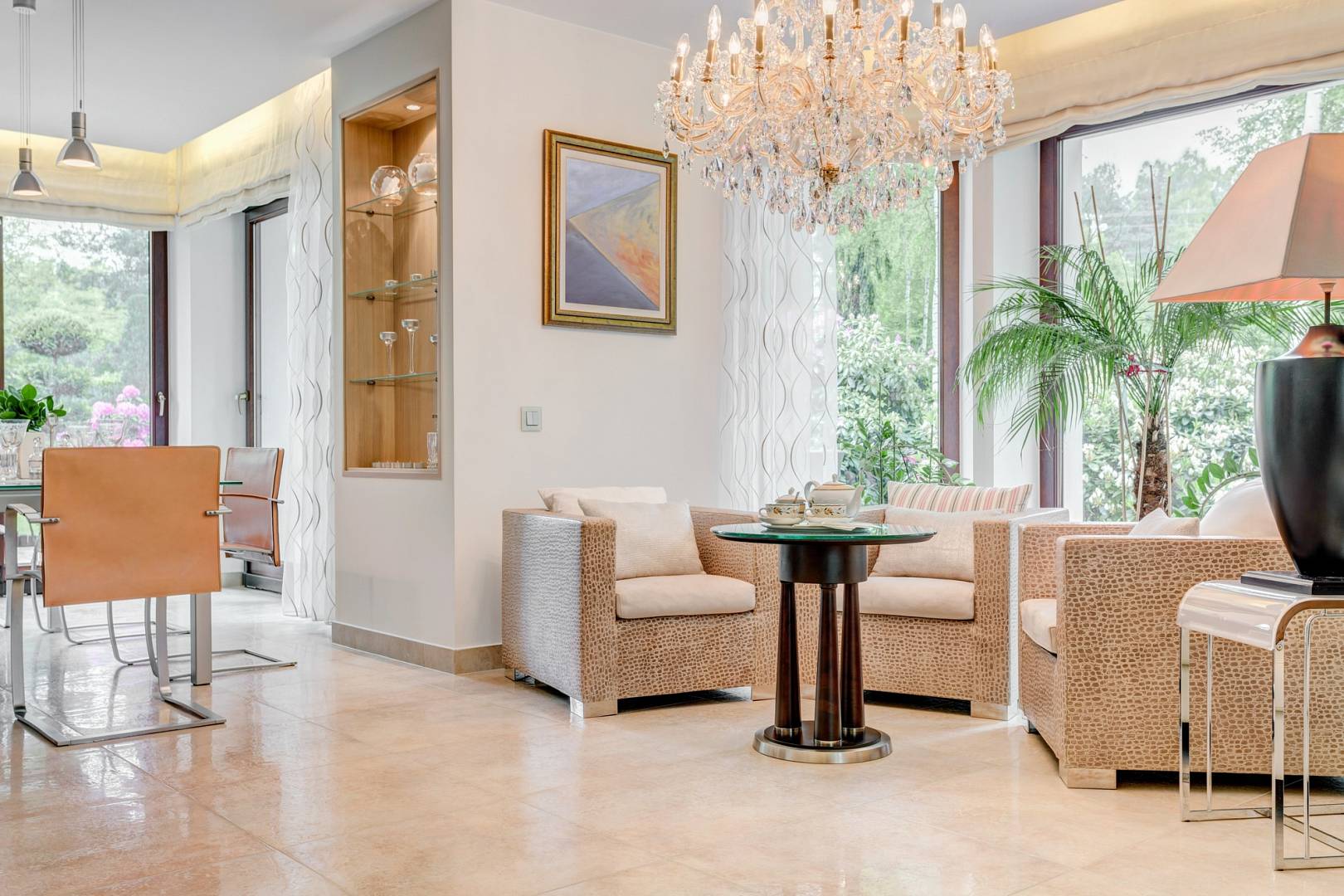 Living room with crystal chandelier