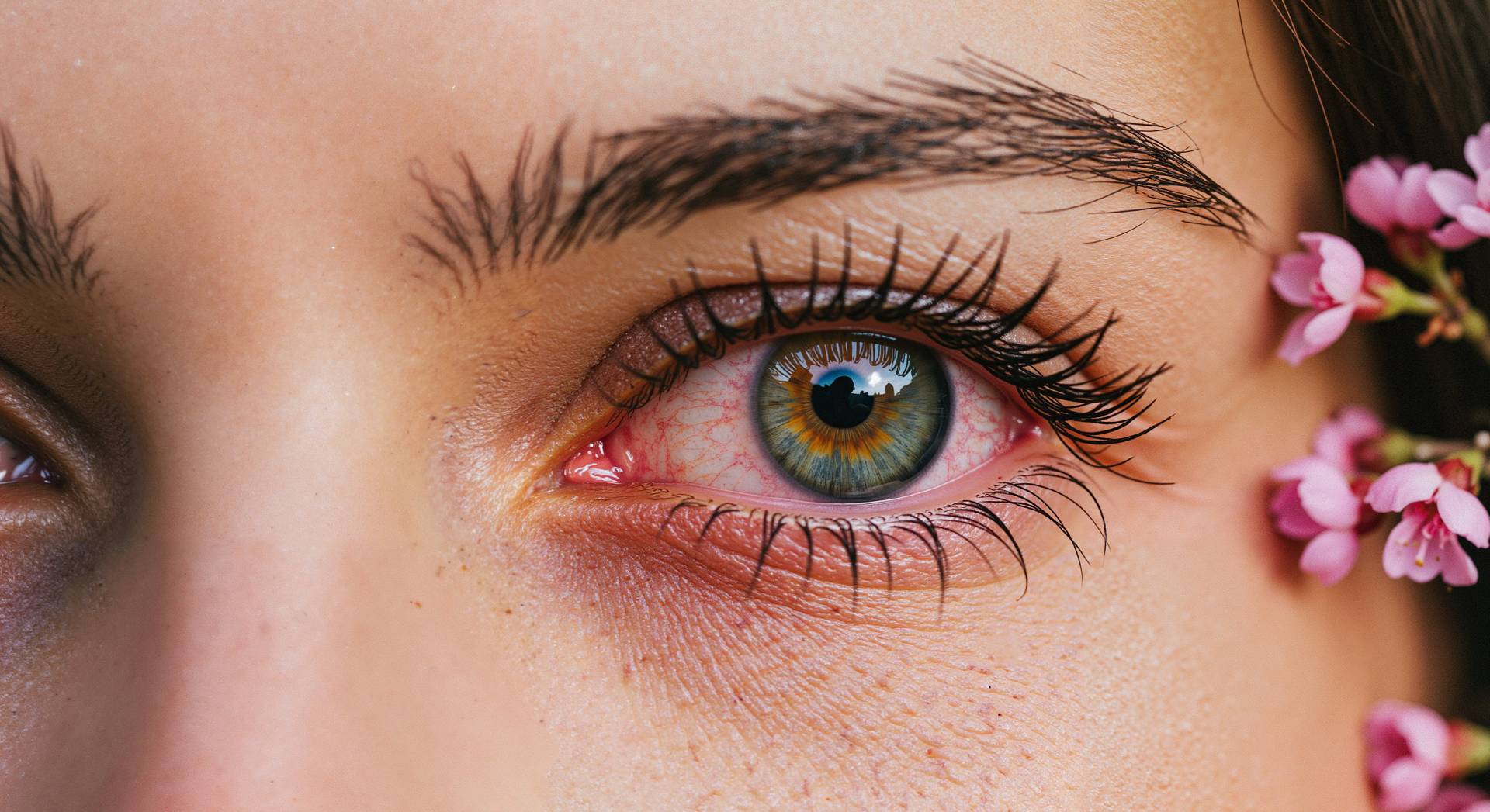 Close up of a woman's eye with allergic redness.