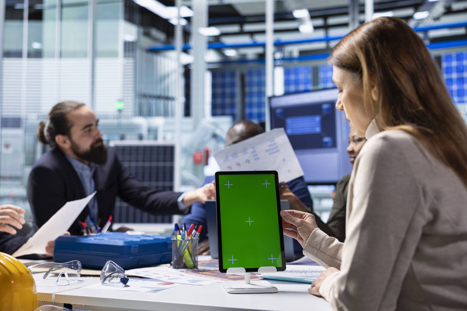 Factory investors review documentation on chroma key tablet