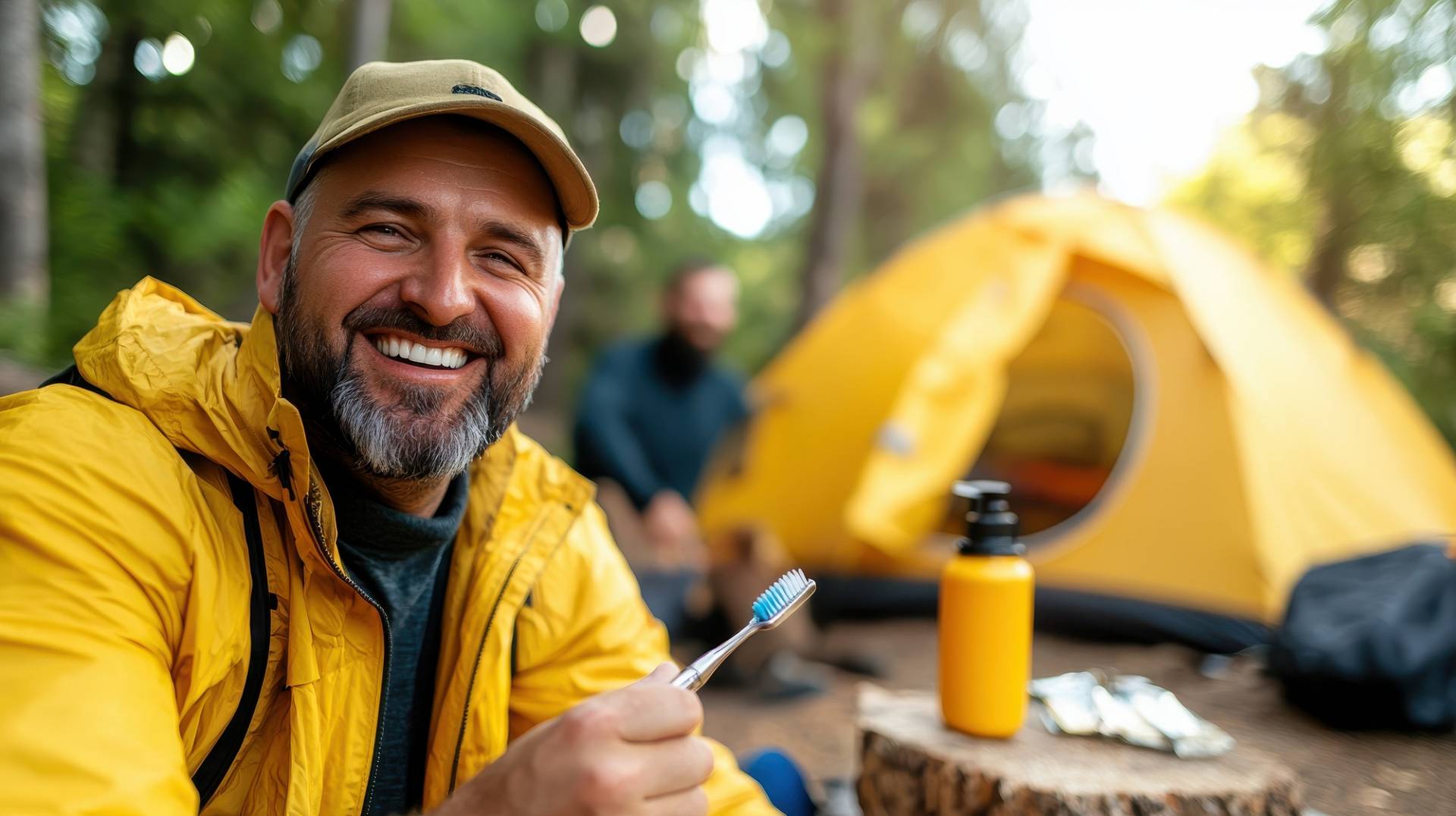 Brushing teeth in nature's embrace at a tranquil camping site