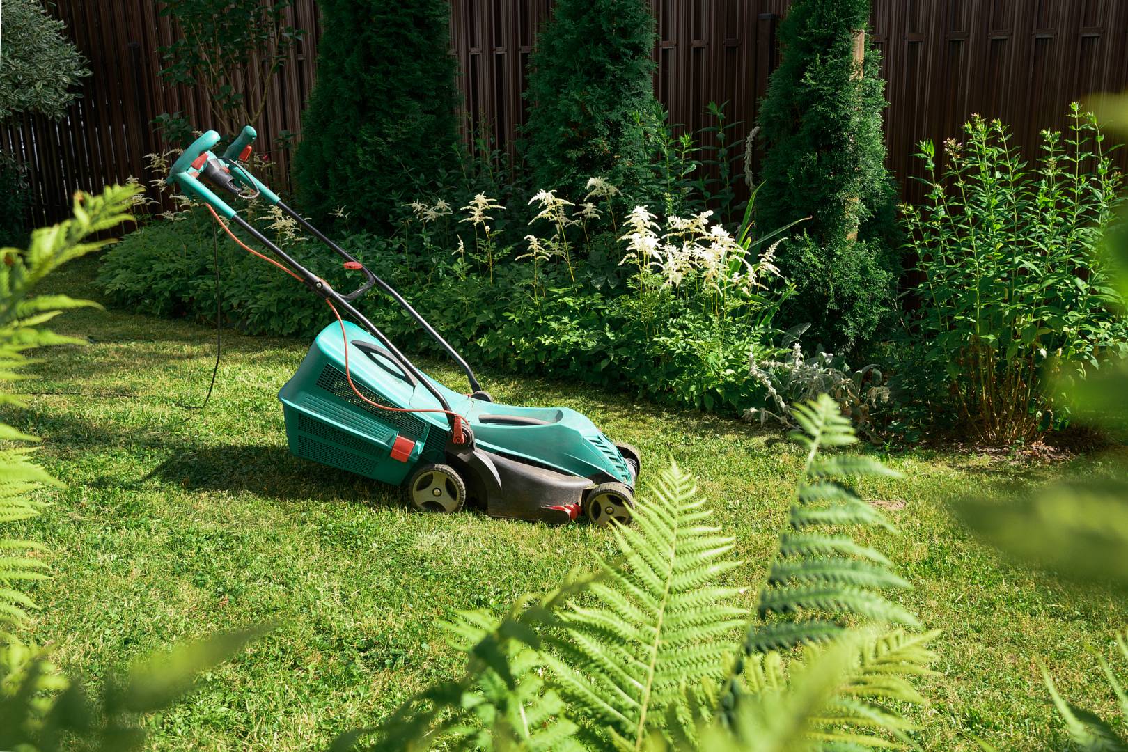 Hand lawnmower during regular mowing of a lawn at summer.