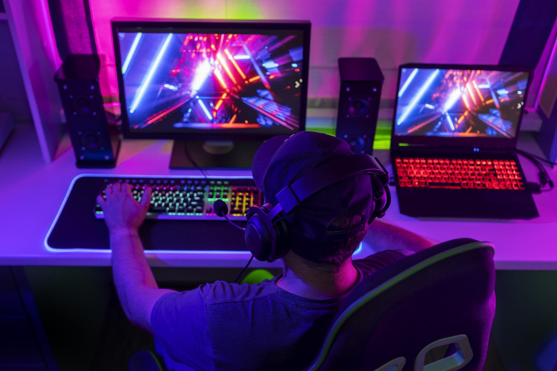 gamer chair with multicolored neon lights