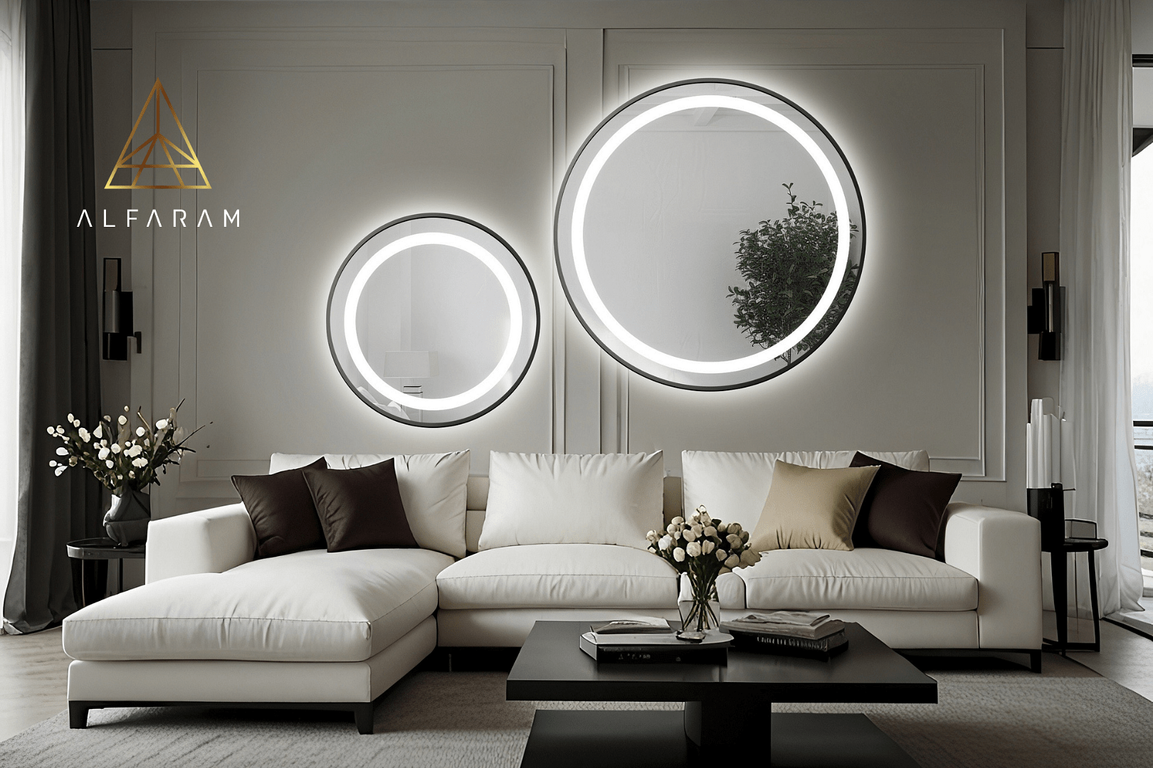 Zestaw okrągłych luster piaskowanych w ramie czarnej MDF SLIM z podświetleniem - STELLA LED II [fot. Alfaram]