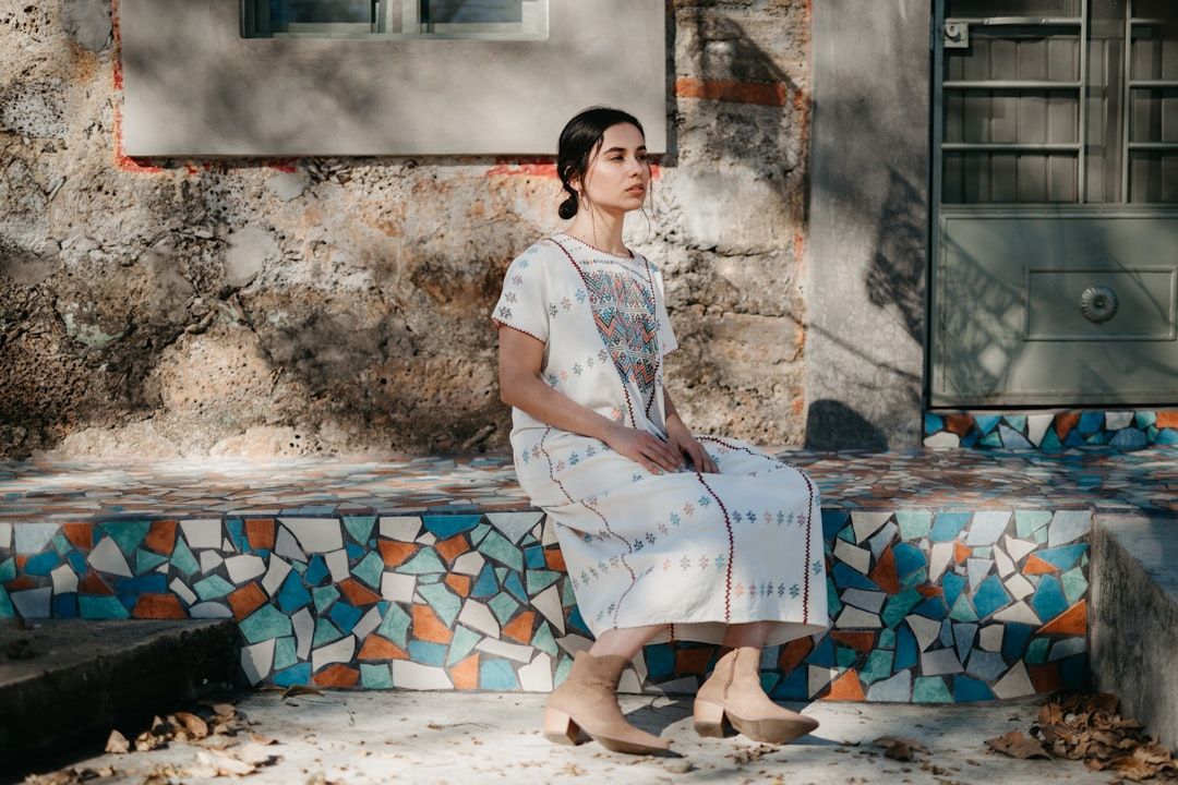 01 woman white dress bench